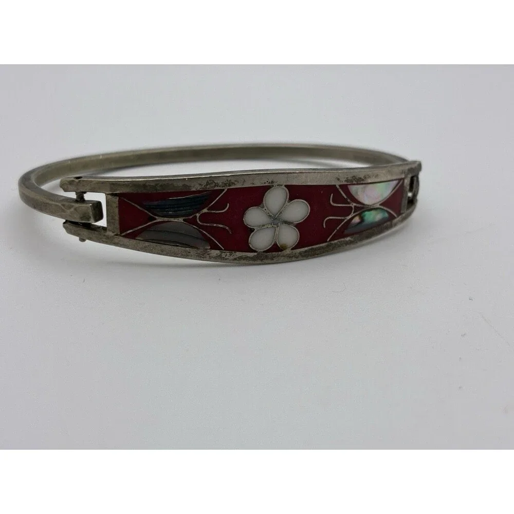 Taxco Mexico Alpaca Red Abalone Flower & Butterflies Bangle Bracelet VTG 6.75”